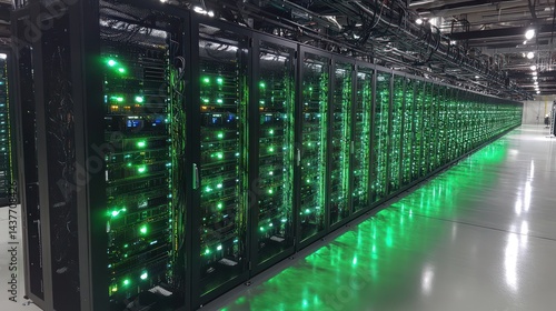 Data center servers glowing green, facility floor, night