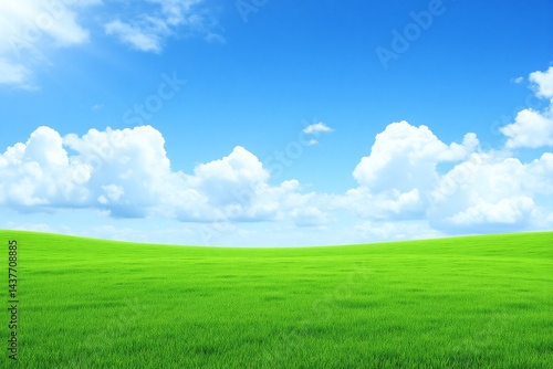 green field with a blue sky and clouds in the background