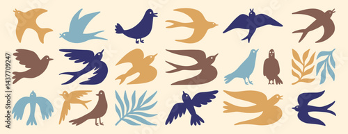 spring birds modern art simple silhouette set. boho flying birds clipart cartoon art. 