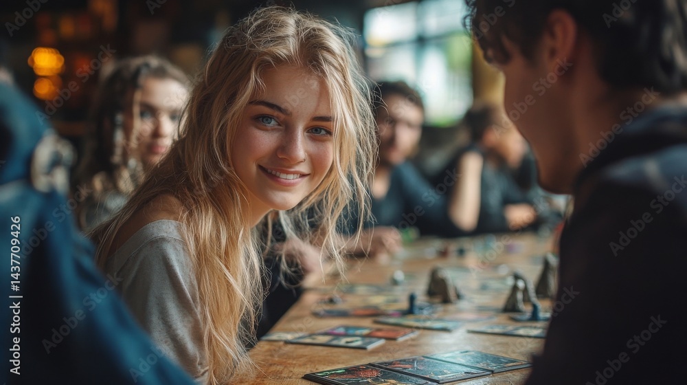 Fototapeta premium blond woman smiles during board game night with friends in cozy cafe