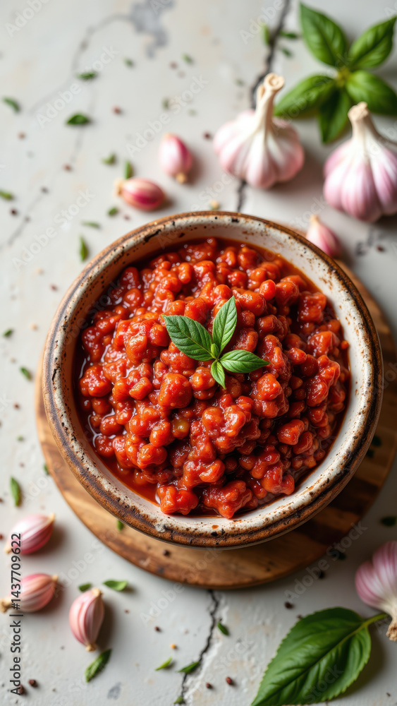 A bowl of vibrant tomato sauce, featuring whole tomatoes, garlic cloves, and basil leaves, evoking the essence of Mediterranean cooking. A bowl of vibrant tomato sauce, featuring whole tomatoes, garlic cloves, and basil leaves, evoking the essence of Mediterranean cooking.