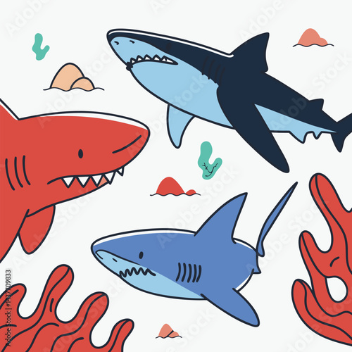 "Dynamic Shark Silhouette Collection Featuring Great White, Hammerhead, and Ocean Wildlife Scenes Vector Illustration"
