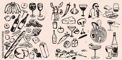 Hand drawn vintage any type of food in all vectors. Such as : Italian, Asian, Mexico and etc