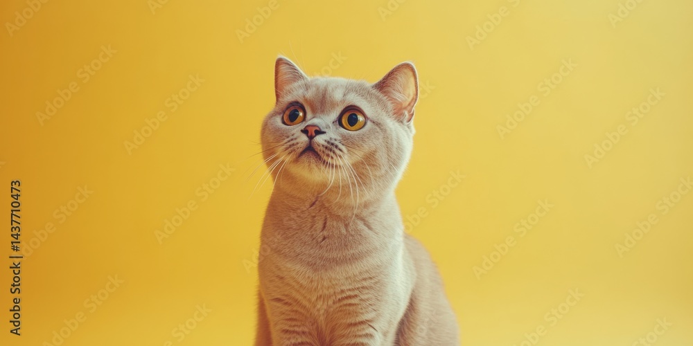 A cute cat looking up with curiosity. Its soft fur shines under bright light. This image captures the joyful essence of pets. Perfect for animal lovers and marketing. AI
