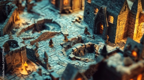 miniature fantasy game scene: medieval ruins tabletop diorama