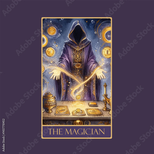 A watercolor Tarot card 'The Magician'.Tarot card colorful deck. Major arcana set part . Vector hand drawn engraved style. Occult and alchemy symbolism.