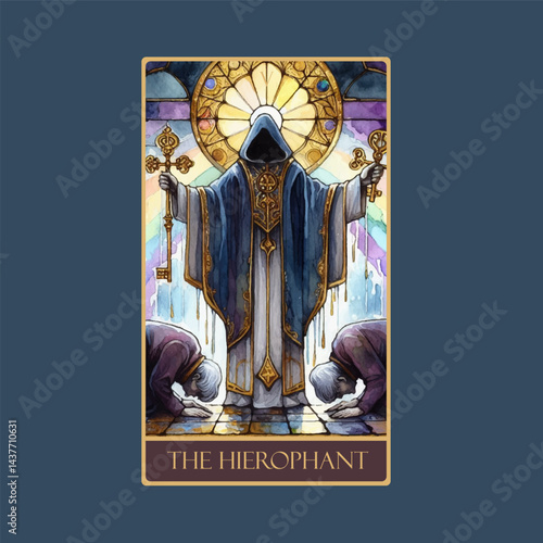 A watercolor Tarot card 'The Hierophant'.Tarot card colorful deck. Major arcana set part . Vector hand drawn engraved style. Occult and alchemy symbolism.