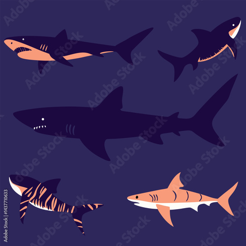 "Dynamic Shark Silhouette Collection Featuring Great White, Hammerhead, and Ocean Wildlife Scenes Vector Illustration"