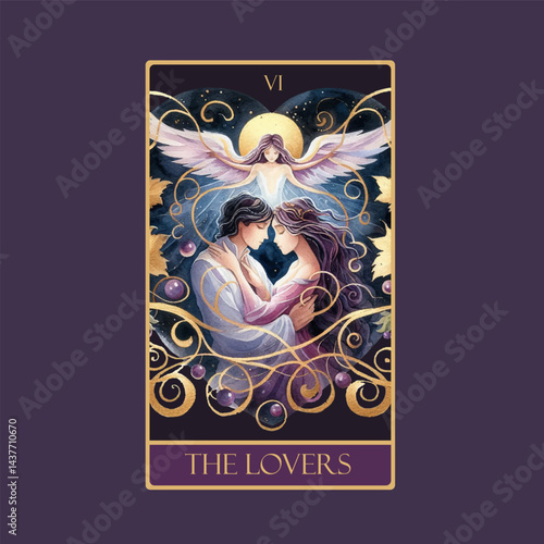 A watercolor Tarot card 'The Lovers'.Tarot card colorful deck. Major arcana set part . Vector hand drawn engraved style. Occult and alchemy symbolism.