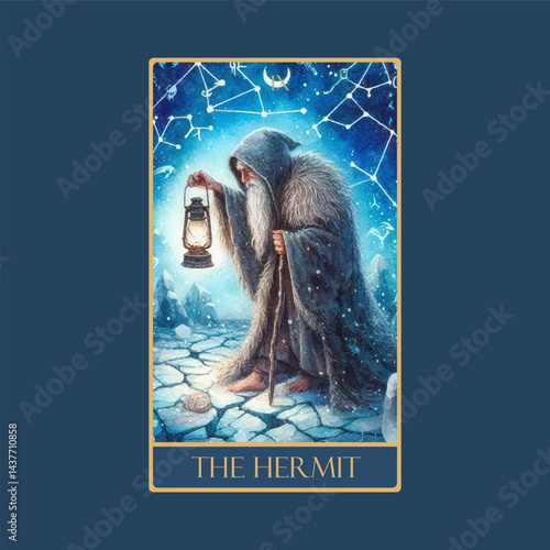 A watercolor Tarot card 'The Hermit'.Tarot card colorful deck. Major arcana set part . Vector hand drawn engraved style. Occult and alchemy symbolism.
