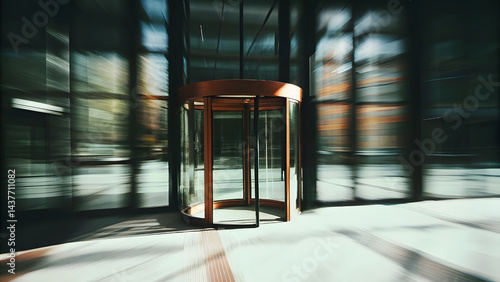 Revolving Doors and Stone Facade of Business Tower with Sunlight Shadows. Perfect for: International Business Day, corporate headquarters