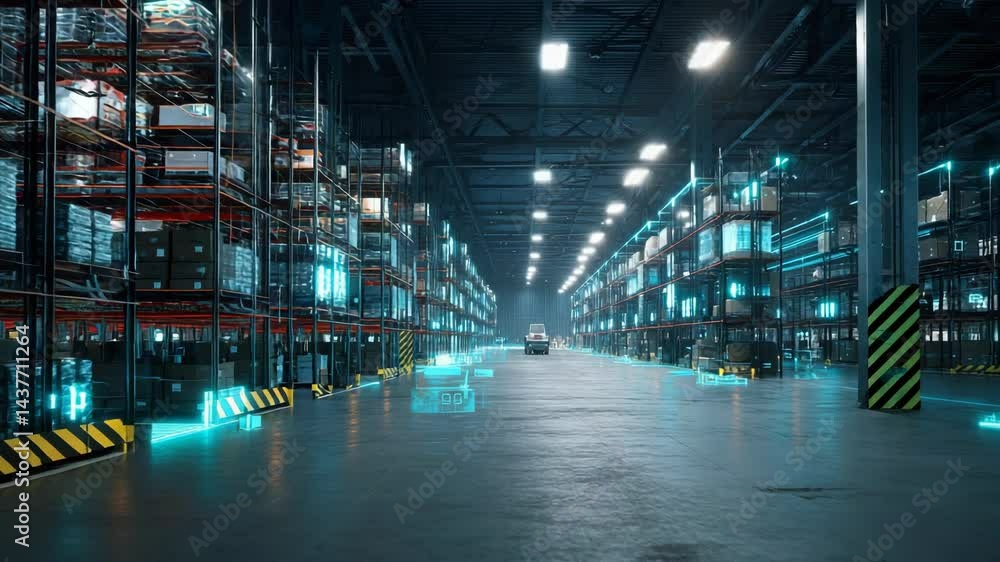 Wide angle shot of a modern automated warehouse with shelves containing boxes and an automated vehicle for transporting goods in a logistics center. Wide angle shot of a modern automated warehouse with shelves containing boxes and an automated vehicle for transporting goods in a logistics center.
