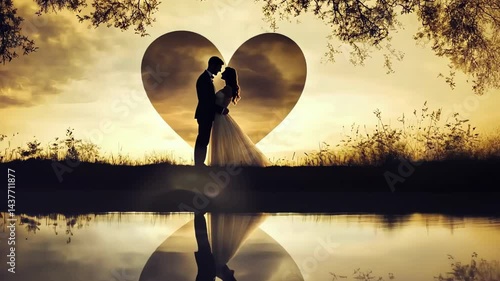 Couple embraces under a romantic sunset at a serene lake, capturing love in a heart-shaped silhouette Generative AI