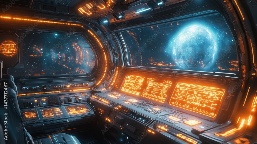 Spaceship cockpit view, nebula backdrop, planet visible, control panel, futuristic design Spaceship cockpit view, nebula backdrop, planet visible, control panel, futuristic design