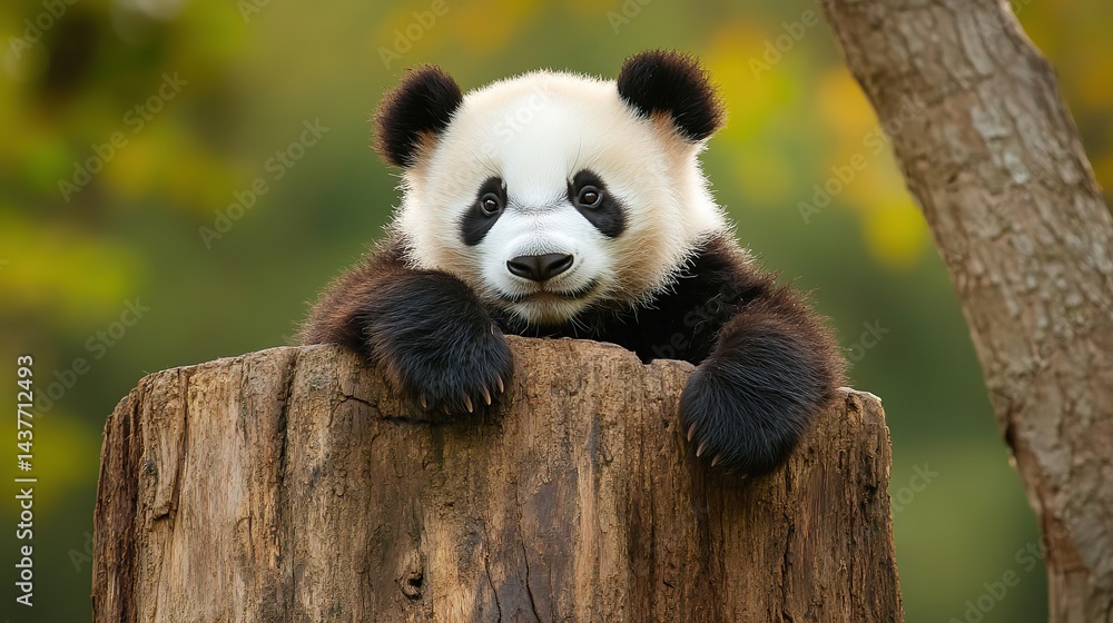 Fototapeta premium Adorable Panda Resting on an Ancient Tree Stump, A Heartwarming Scene of Nature and Serenity