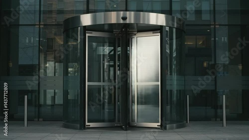 Modern revolving door spinning slowly at a sleek glass building  