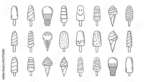  ice cream doodle hand drawn icon set. Outline drawing ice cream line clipart symbol collection