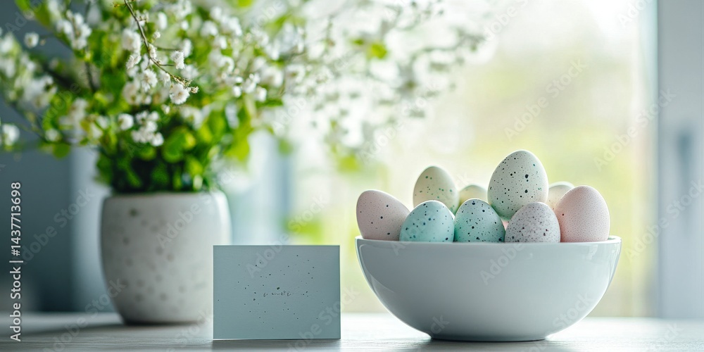 Decorative Easter eggs in a stylish bowl. This image captures a fresh spring feeling with pastel colors. A lovely floral arrangement enhances the seasonal vibes. AI