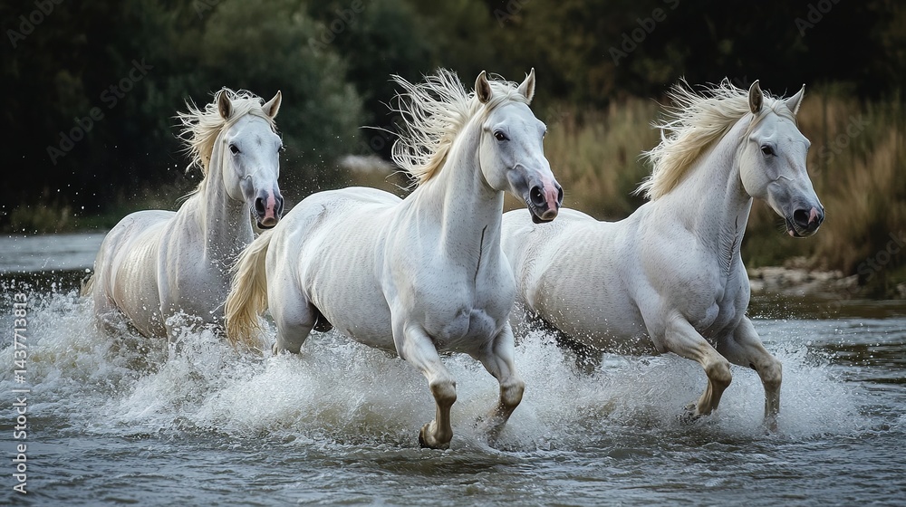 Obraz premium Powerful Trio of White Horses Galloping Freely in the River, Embodying Strength and Freedom in Nature's Embrace
