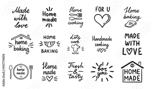 Home cooking, home baking or made with love, old style kitchen lettering, food and cooking set. Home made doodle simple ink or pen outline emblems