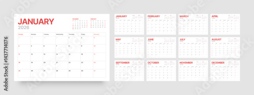 Monthly calendar layout for 2026 year. Diary planner for 2026 year. Week Starts on Sunday. 