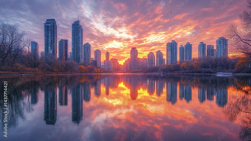 Fototapeta premium Colorful sunset sky mirrored on urban glass towers, creating serene atmosphere