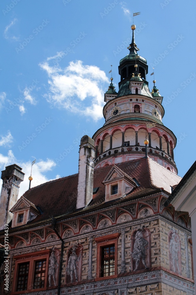 Fototapeta premium The painted Castle Tower from below, Cesky Krumlov, the Czech Republic