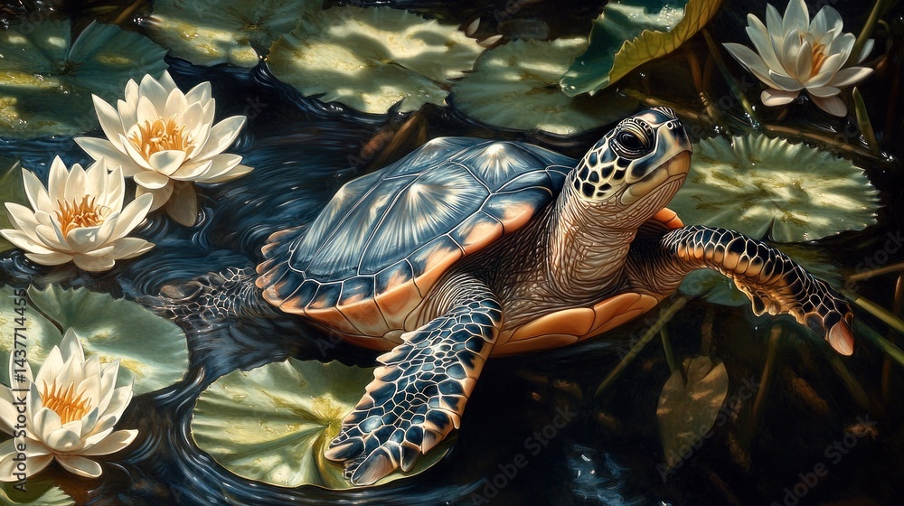 Naklejka premium Turtle swimming lily pads pond serene nature artwork