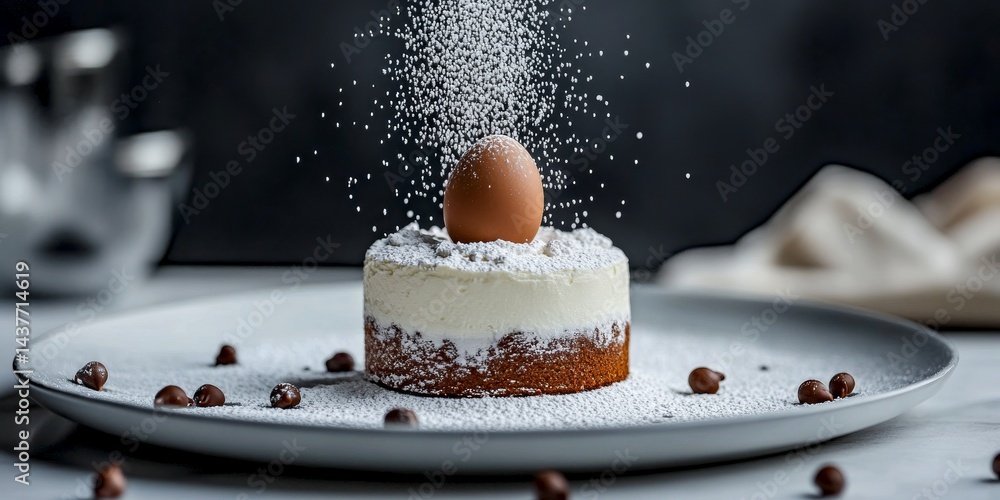 Delicious dessert featuring a beautiful cheesecake topped with a chocolate egg. The sweet treat is elegantly presented on a plate with powdered sugar dusting. Perfect for food photography. AI