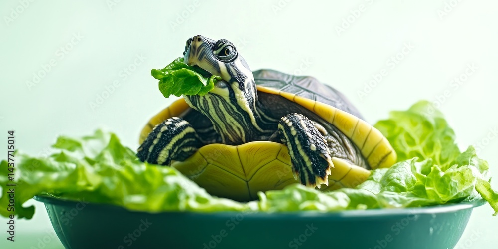 A small turtle enjoys a fresh green meal of lettuce. The turtle is in a bowl surrounded by leafy greens. This image captures the joy of nature and animal life. Perfect for educational purposes. AI.