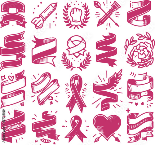 Sketchy Pink Filled Breast Cancer Awareness Ribbon Silhouette Vector On Isolated White Background