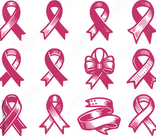 Sketchy Pink Filled Breast Cancer Awareness Ribbon Silhouette Vector On Isolated White Background