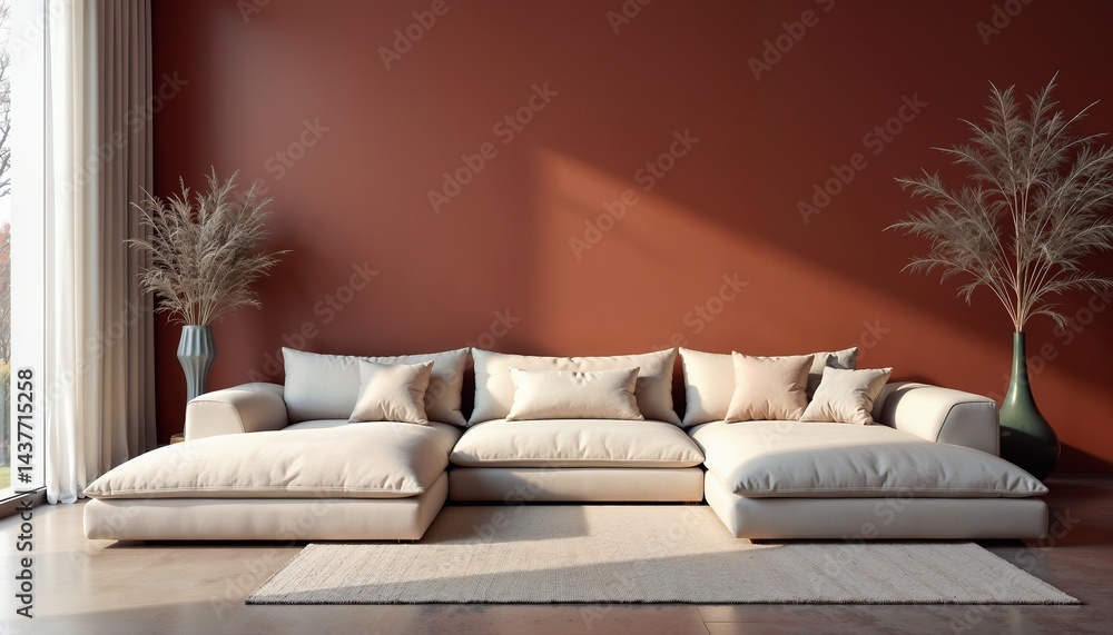 Modern living room design featuring a spacious sectional sofa with decorative pillows and plants