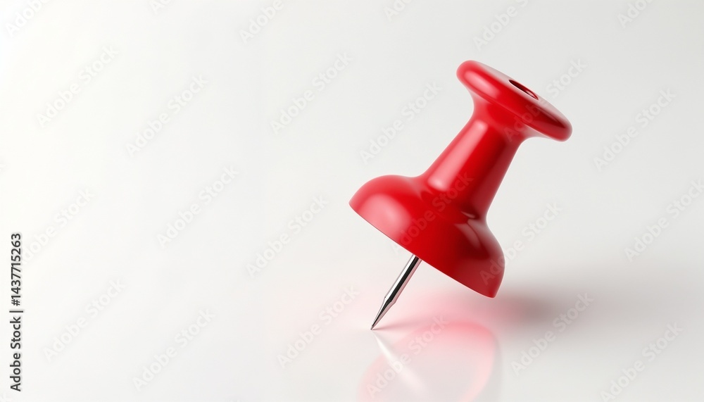 Red push pin leaning on a smooth surface in bright lighting