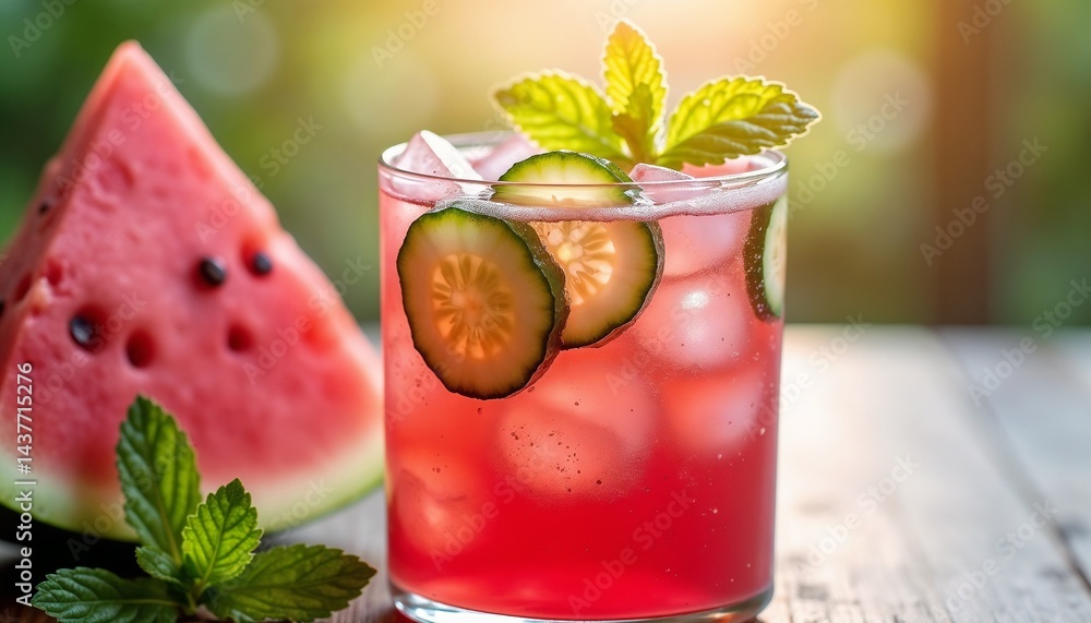 Refreshing watermelon cucumber drink served in a glass with mint leaves on a warm summer day