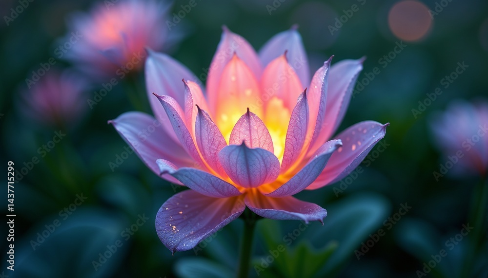 Close view of a radiant pink water lily illuminated at dusk in a tranquil pond