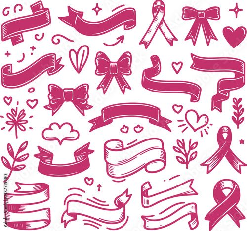 Sketchy Pink Filled Breast Cancer Awareness Ribbon Silhouette Vector On Isolated White Background