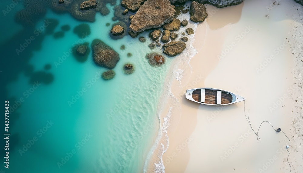 Boat rests on tranquil beach with clear turquoise water and rocky coastline during daylight