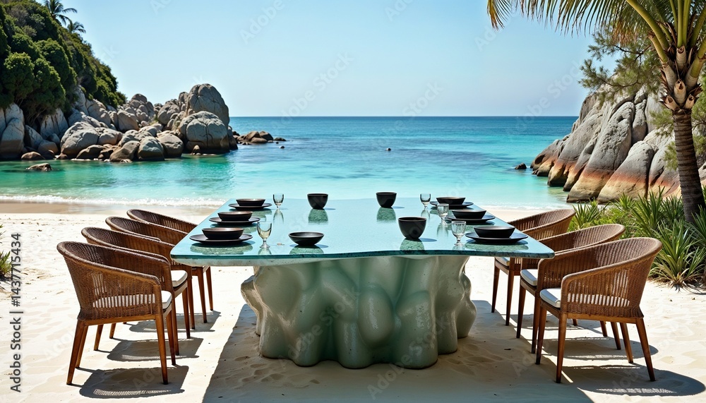 Elegant beachside dining setup for a serene meal near crystal-clear waters