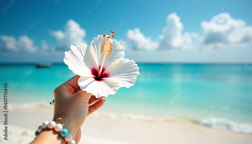Capturing the beauty of a hibiscus flower against a tropical ocean background at midday