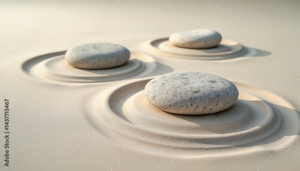Calm arrangement of stones creating ripples in dry sand within a tranquil setting