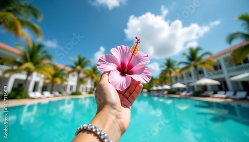 Obraz na płótnie Pink hibiscus flower held near sparkling pool surrounded by tropical resort landscape w salonie