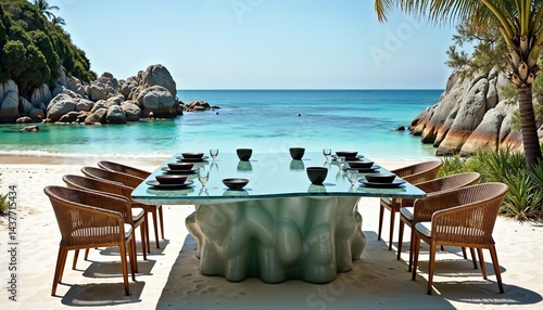 Obraz na płótnie Elegant beachside dining setup for a serene meal near crystal-clear waters w salonie