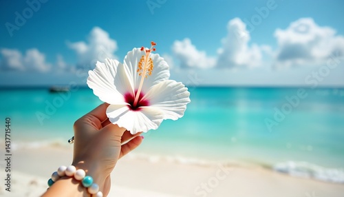 Obraz na płótnie Capturing the beauty of a hibiscus flower against a tropical ocean background at midday w salonie