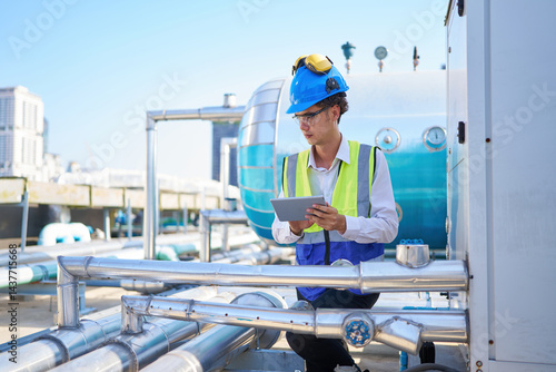 Obraz na płótnie Technician working on tablet and checking pipeline valves or water tank area at urban industrial site w salonie