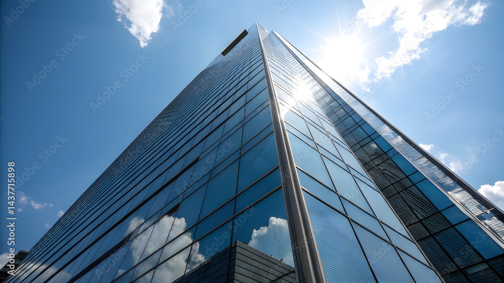 Sharp Low-Angle View of Glass Commercial Tower. Perfect for: World Architecture Day, blue sky skyscraper tours Sharp Low-Angle View of Glass Commercial Tower. Perfect for: World Architecture Day, blue sky skyscraper tours