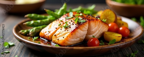 Grilled salmon with roasted vegetables on a rustic wooden plate, lunch, cooking, nutrition