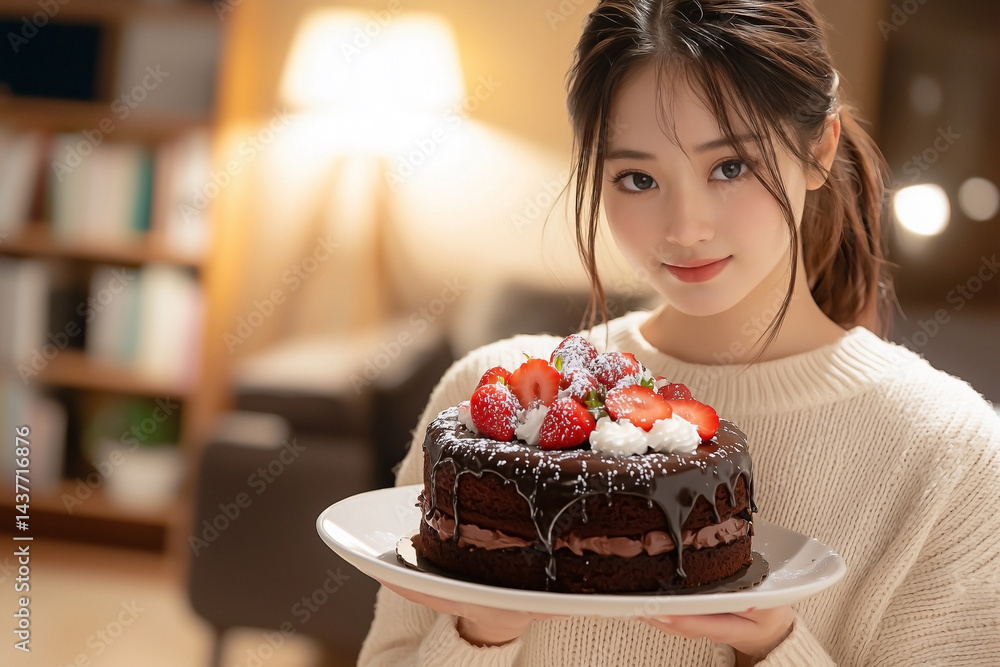 Charming Asian woman in cozy sweater holding decorated chocolate cake with strawberries and whipped cream, warm indoor night scene with soft lighting and homely atmosphere
Charming Asian woman in cozy sweater holding decorated chocolate cake with strawberries and whipped cream, warm indoor night scene with soft lighting and homely atmosphere