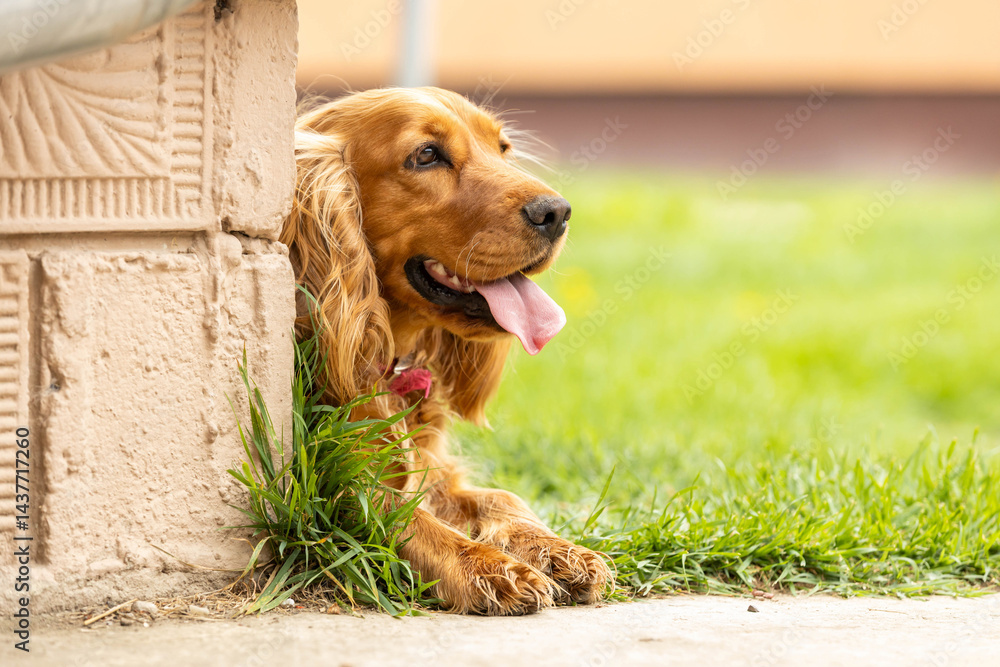 A charming dog rests behind a wall, peering out playfully, capturing a moment of curiosity and excitement in a lush garden. A charming dog rests behind a wall, peering out playfully, capturing a moment of curiosity and excitement in a lush garden.