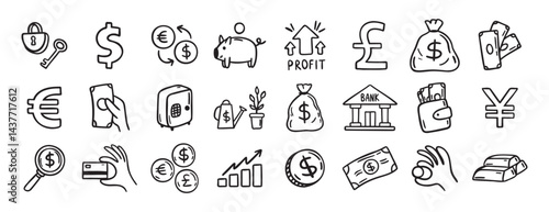 Money, finance and currency doodle set. doodle hand drawn icon set. Outline drawing dollar Banknotes, coins, money bag line clipart symbol collection